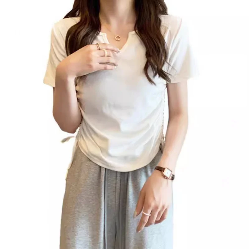 V Neck Drawstring Women Summer T Shirt 2026 Slim Fit Short Sleeve Solid Color Casual Student Basic Tops Streetwear
V Neck Drawstring Women Summer T Shirt 2026 Slim Fit Short Sleeve Solid Color Casual Student Basic Tops Streetwear
