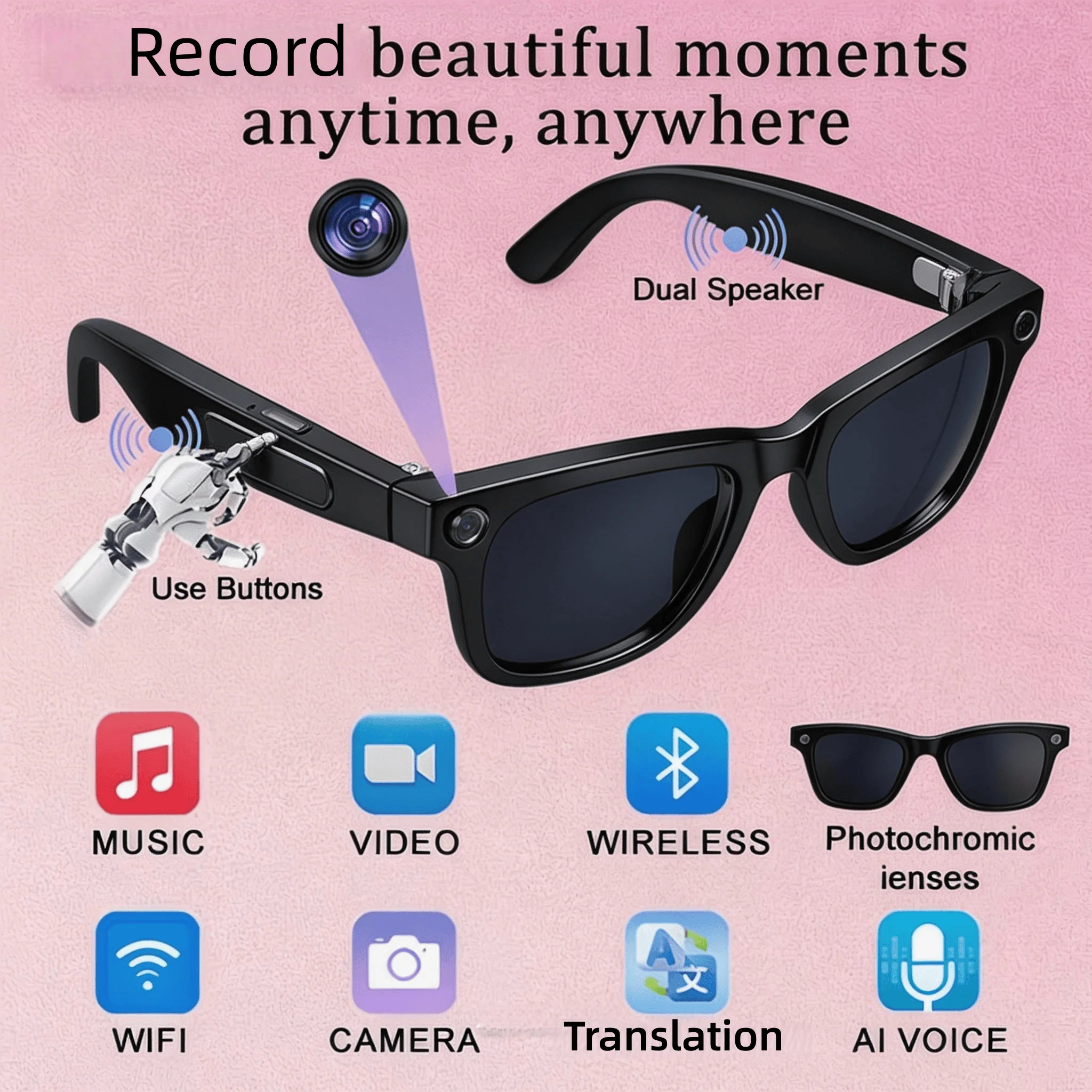 4K Camera Glasses with AI Smart Features That Support Real-Time Translation And Object Recognition, Open-Ear Audio, Ultra-Light Design, And Up to 8 Hours of Battery Life for Outdoor Cycling, Work, Travel
4K Camera Glasses with AI Smart Features That Support Real-Time Translation And Object Recognition, Open-Ear Audio, Ultra-Light Design, And Up to 8 Hours of Battery Life for Outdoor Cycling, Work, Travel