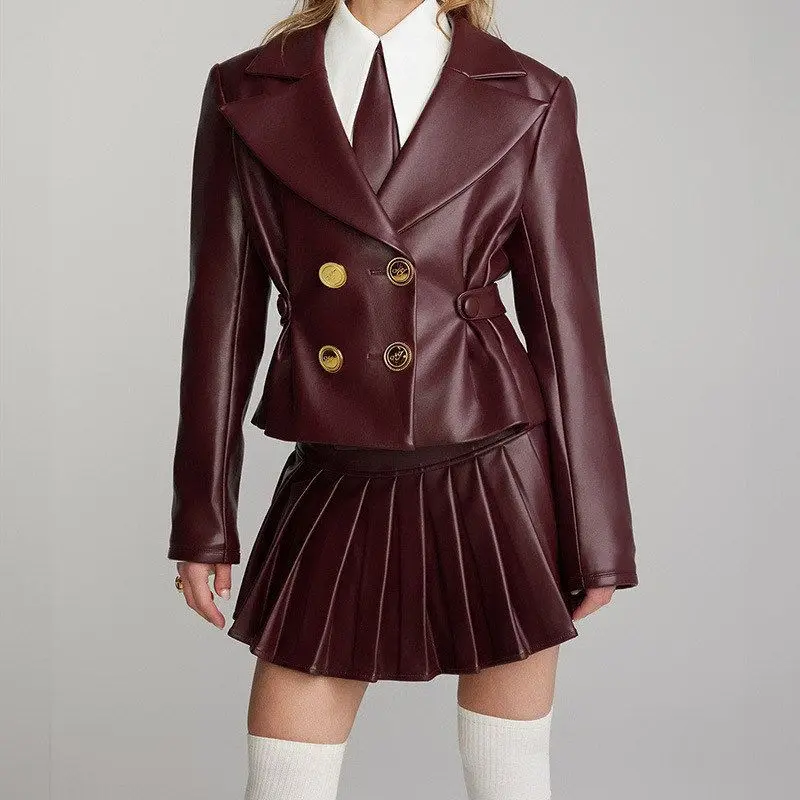 Sexy Short Pleated Skirt Set with Double Row Buttons Leather Jacket Trendy Style Synthetic Leather Elegant Fit for Women
Sexy Short Pleated Skirt Set with Double Row Buttons Leather Jacket Trendy Style Synthetic Leather Elegant Fit for Women