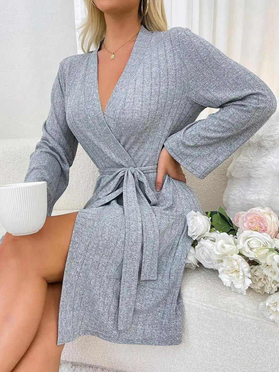 Womens Light Grey Rib Knit V Neck Thigh Length Robe With Belt And Pockets Cozy Loungewear
Womens Light Grey Rib Knit V Neck Thigh Length Robe With Belt And Pockets Cozy Loungewear