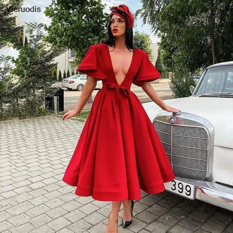 Red Short Evening Dress Deep V-Neck Puff Sleeves Pleated Evening Gown Saudi Arabia Party Dress Custom Made
Red Short Evening Dress Deep V-Neck Puff Sleeves Pleated Evening Gown Saudi Arabia Party Dress Custom Made