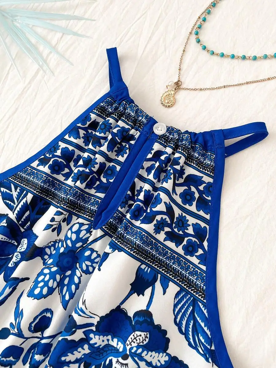Blue Floral Print Spaghetti Strap Mini Dress For Summer Vacation
Blue Floral Print Spaghetti Strap Mini Dress For Summer Vacation