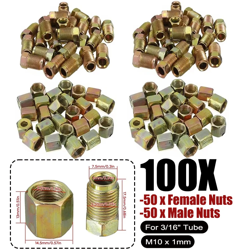100X Male Female Brake Pipe Fitting M10 x 1mm Metric Nuts Screw For 3/16" Brake Tube Hose End Union Bolts Brake Line Connector
100X Male Female Brake Pipe Fitting M10 x 1mm Metric Nuts Screw For 3/16" Brake Tube Hose End Union Bolts Brake Line Connector