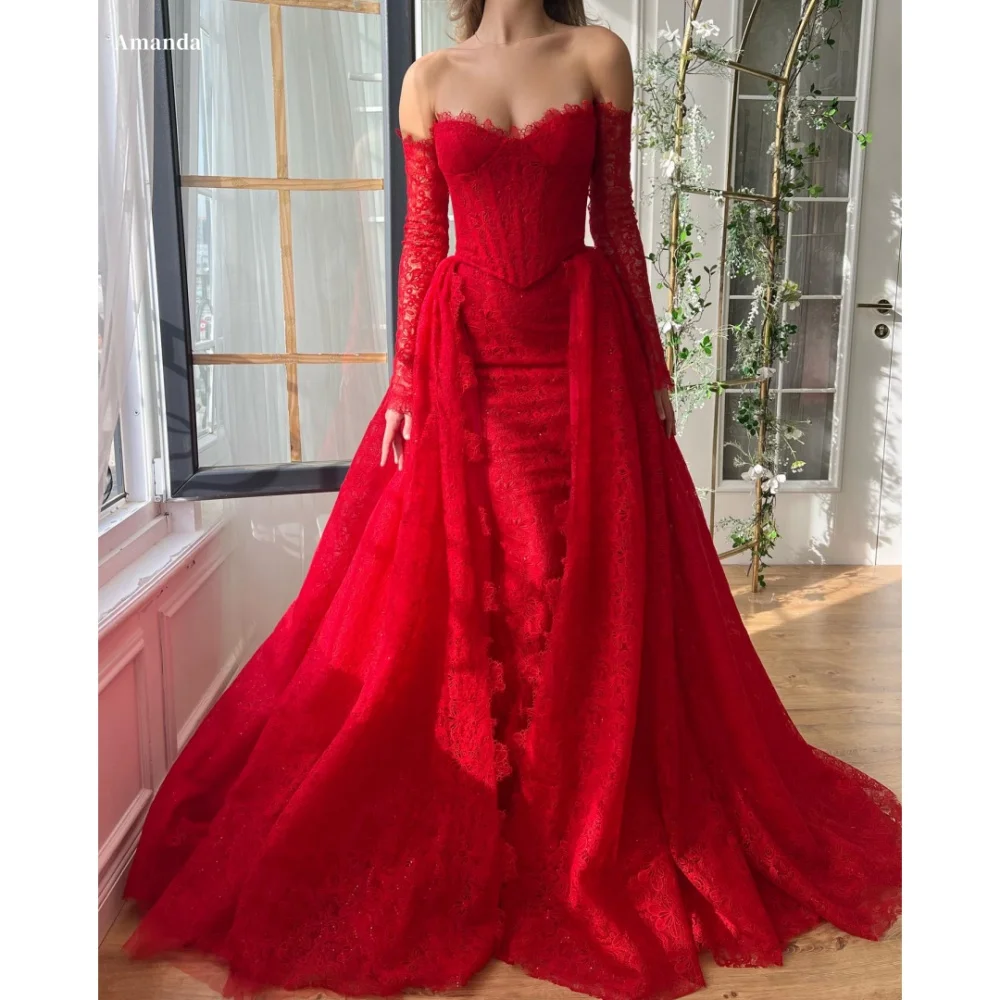 Amanda Customized Red Off the Shoulder Strapless Lace robes de soirée Long Sleeves A-line Party Dresses Floor-Length Prom Dress
Amanda Customized Red Off the Shoulder Strapless Lace robes de soirée Long Sleeves A-line Party Dresses Floor-Length Prom Dress