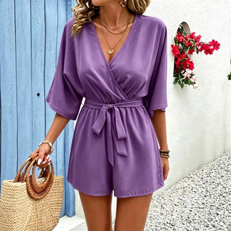 European American Women's with Belt Clothing Summer New Elegant Fashion V-neck Solid Color Linen One-piece Leisure Romper
European American Women's with Belt Clothing Summer New Elegant Fashion V-neck Solid Color Linen One-piece Leisure Romper