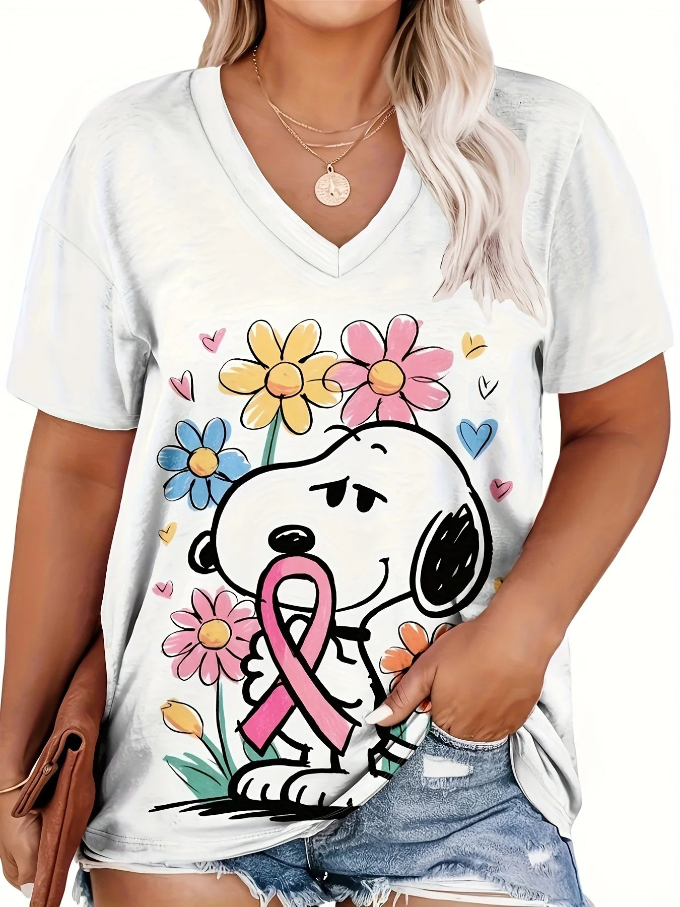 Plus Size White V - neck T - Shirt with Snoopy and Pink Ribbon - themed Print: Heartwarming - supportive and Charitable
Plus Size White V - neck T - Shirt with Snoopy and Pink Ribbon - themed Print: Heartwarming - supportive and Charitable