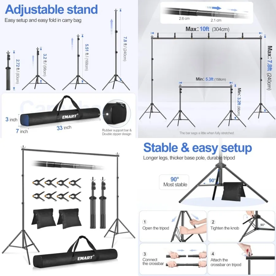 Backdrop Stand WxH Photo Studio Adjustable Background Stand Support kit with 2 Crossbars, 8 Clamps, 2 Sandbags and Carry Bag fo
Backdrop Stand WxH Photo Studio Adjustable Background Stand Support kit with 2 Crossbars, 8 Clamps, 2 Sandbags and Carry Bag fo