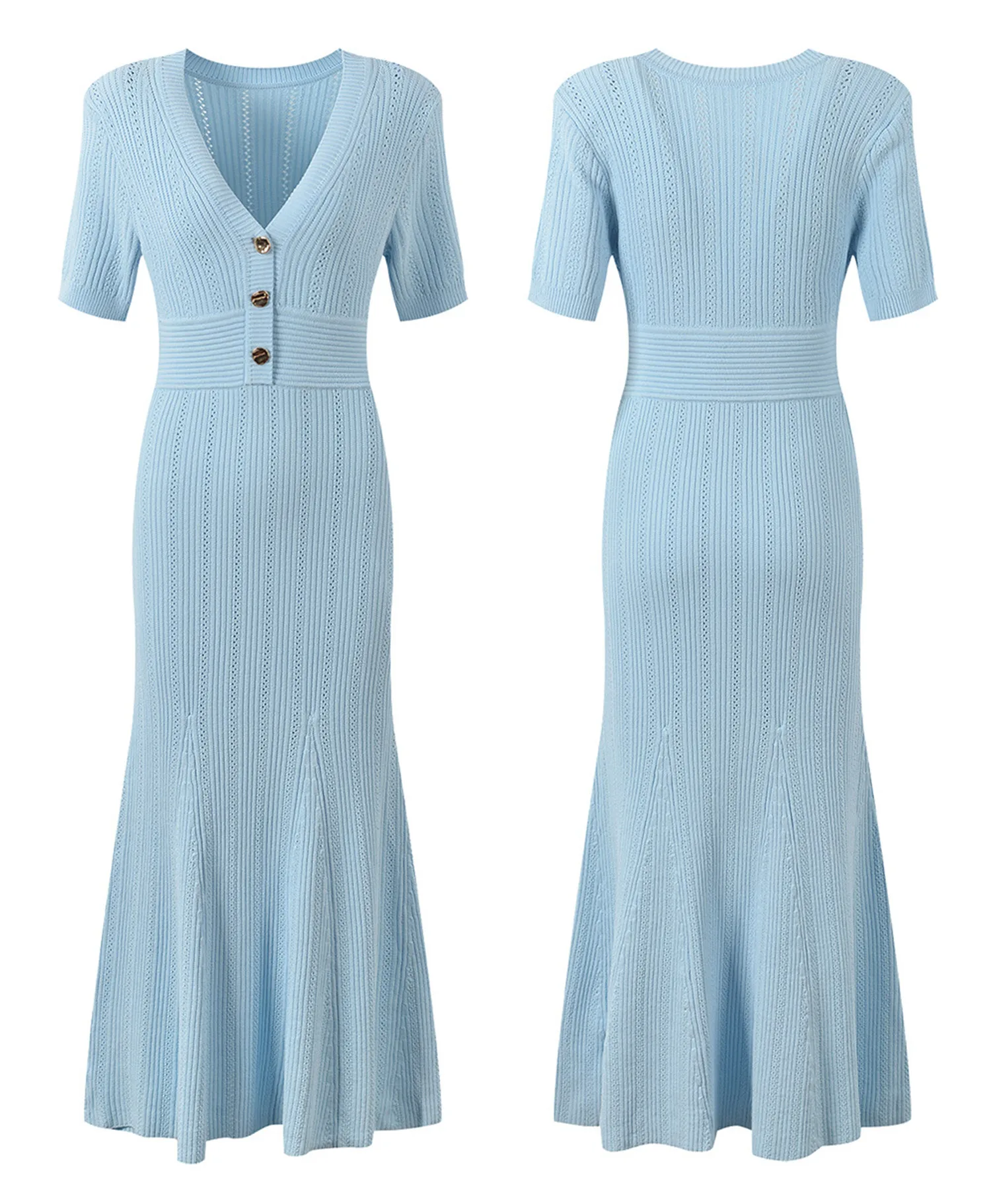 Elegant Solid Short Sleeved Hollow Out Knitted Summer Dress Women's V-neck Single Breasted Slim Mermaid Dress
Elegant Solid Short Sleeved Hollow Out Knitted Summer Dress Women's V-neck Single Breasted Slim Mermaid Dress