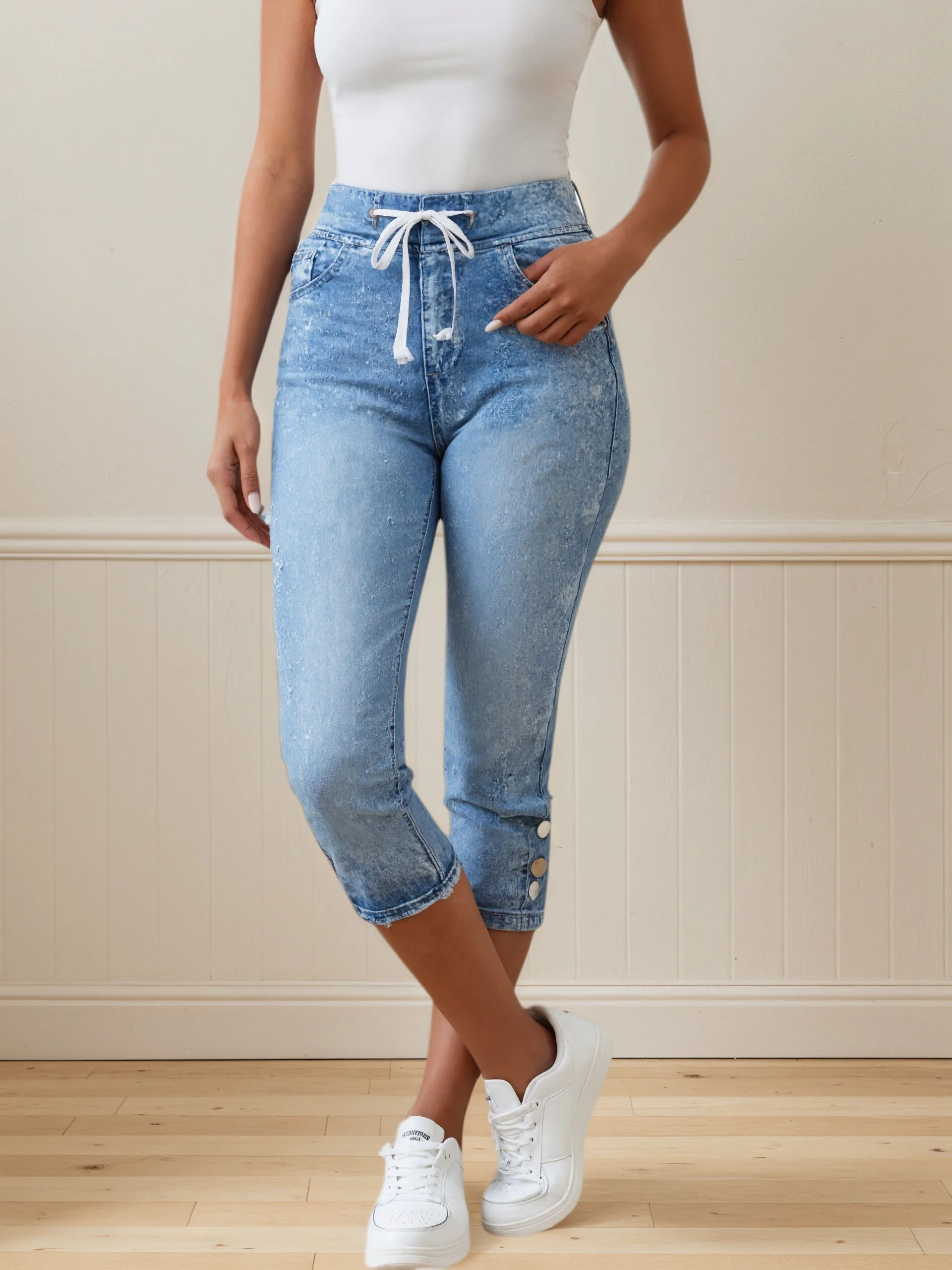 Women's new casual elastic mid waist jeans, comfortable street style, equipped with drawstring waistband and slit hem 
Women's new casual elastic mid waist jeans, comfortable street style, equipped with drawstring waistband and slit hem