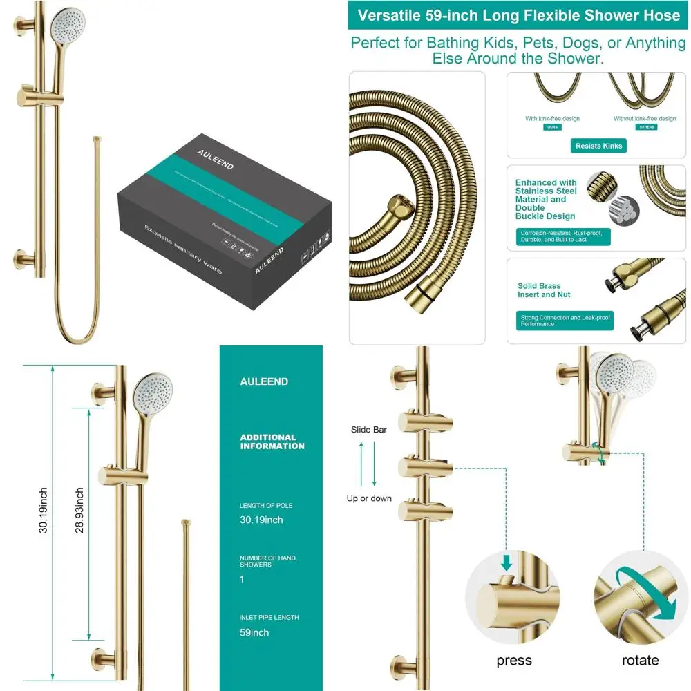 Регулируемый по высоте ручной душ с шлангом, 5-функциональная настенная душевая лейка из матового золота
Регулируемый по высоте ручной душ с шлангом, 5-функциональная настенная душевая лейка из матового золота