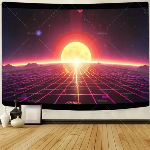 1pc Wall Tapestry Retro Futuristic Grid Sunset Tapestry - Vibrant Synthwave Landscape Art