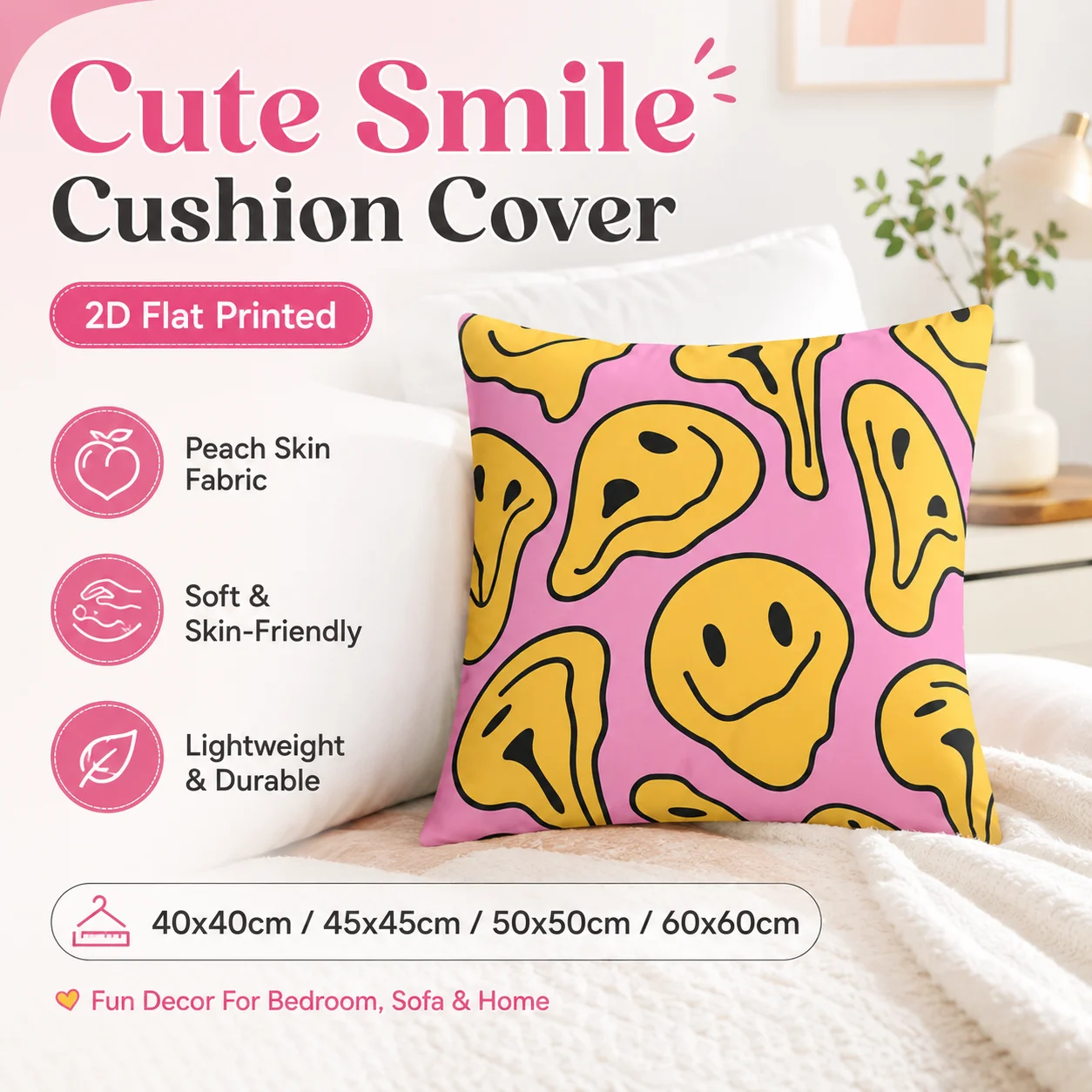 Melted Smile Face Peach Skin Pillowcase 2D Flat Printed Y2K Aesthetic Cushion Cover For Sofa Living Room Bedroom Home Decor
Melted Smile Face Peach Skin Pillowcase 2D Flat Printed Y2K Aesthetic Cushion Cover For Sofa Living Room Bedroom Home Decor