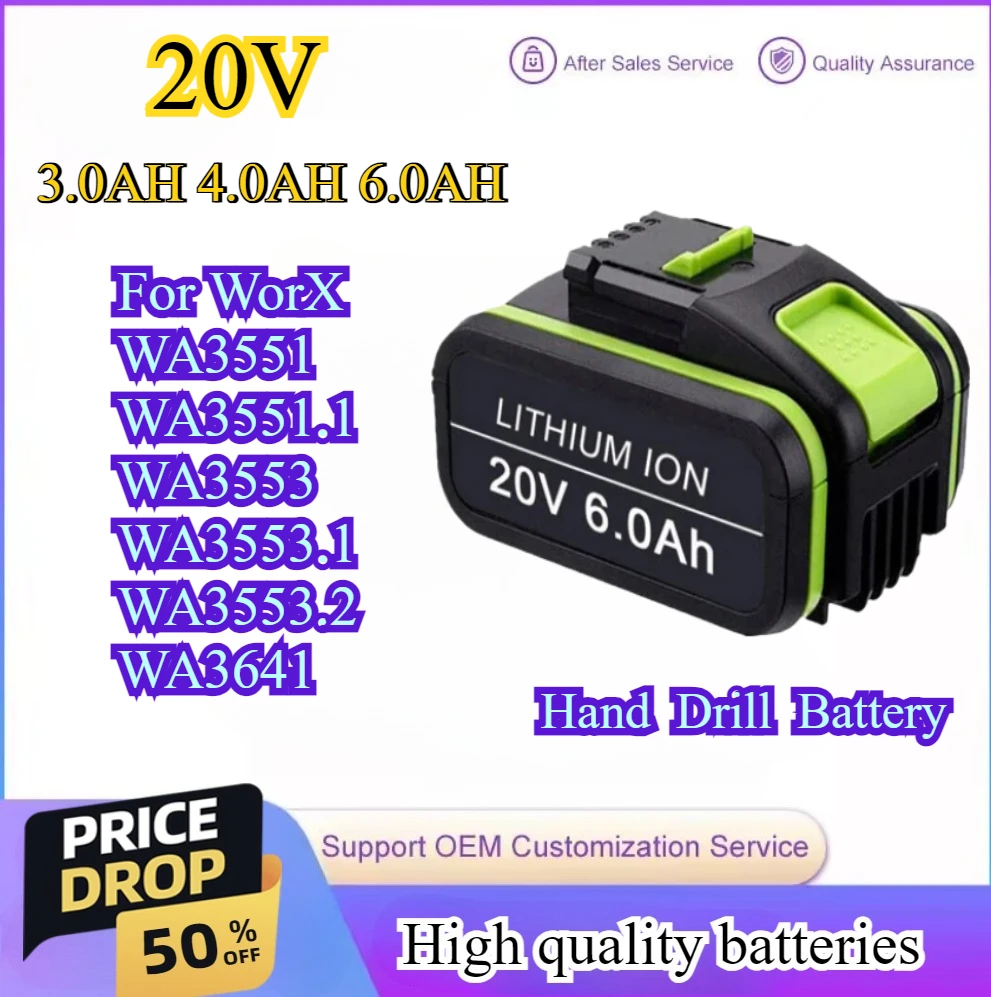 Batterie De Remplacement Pour Worx 20V 3.0/4.0/6.0Ah WA3551 WA3551.1 WA3553 WA3553.1 WA3553.2 WA3641 Series Hand Drill Battery
Batterie De Remplacement Pour Worx 20V 3.0/4.0/6.0Ah WA3551 WA3551.1 WA3553 WA3553.1 WA3553.2 WA3641 Series Hand Drill Battery