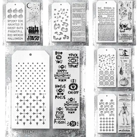 NOUVEAU Août 2026 Ensemble de tampons transparents et de pochoirs style étiquette vintage pour Halloween Citrouille Crâne Sorcière Squelette Araignée Fantôme Slogan d'Halloween