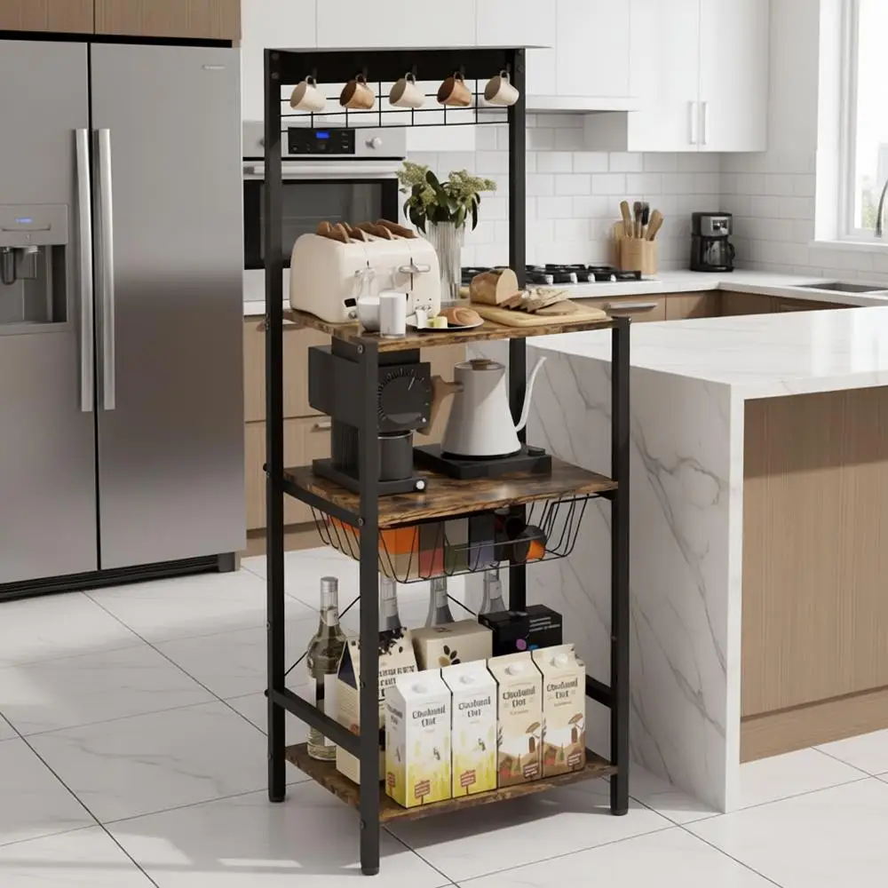 4 Tier Coffee Bar Station, Bakers Rack with 5 Hooks & Wire Basket, Coffee Maker Stand or Small Space, Kitchen Storage Shelf or E
4 Tier Coffee Bar Station, Bakers Rack with 5 Hooks & Wire Basket, Coffee Maker Stand or Small Space, Kitchen Storage Shelf or E