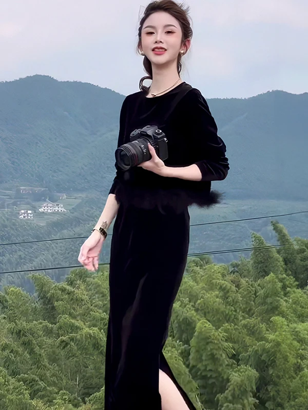 Fall 2026 round Neck Splice Long Sleeve High Waist Slim Fit Split Half Skirt Two Piece Set Elegant Luxury Style Polyester Fiber
Fall 2026 round Neck Splice Long Sleeve High Waist Slim Fit Split Half Skirt Two Piece Set Elegant Luxury Style Polyester Fiber