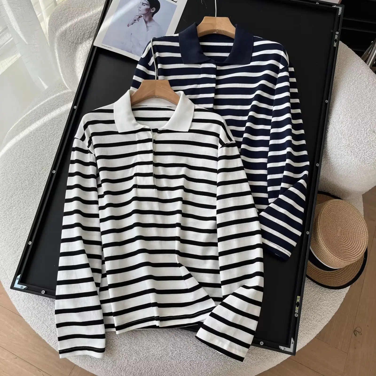 Women's new fashion pleated decoration casual striped polo shirt collar T-shirt top retro long sleeved women's pullover chic top
Women's new fashion pleated decoration casual striped polo shirt collar T-shirt top retro long sleeved women's pullover chic top