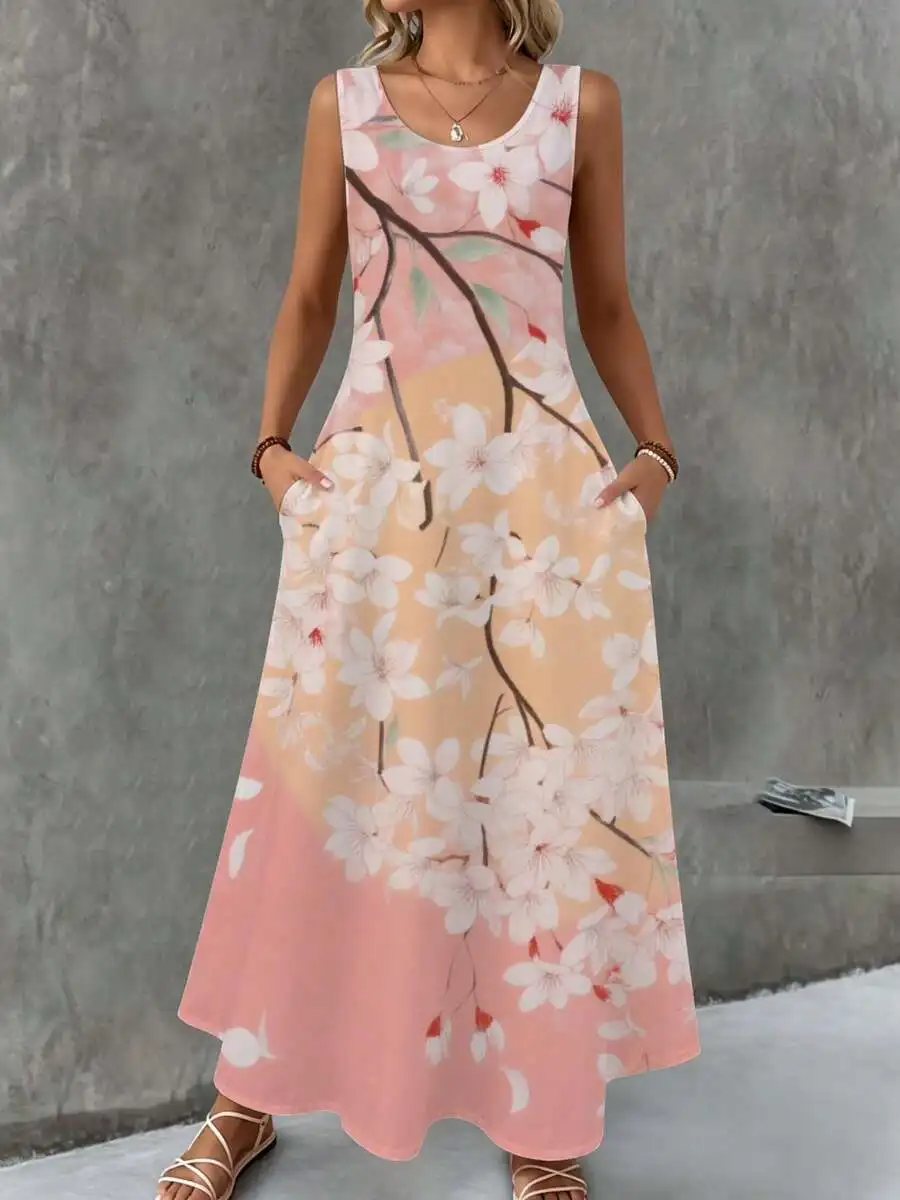 Sleeveless Maxi Dress Pink Peach Cherry Blossom Print Summer Beach Vacation
Sleeveless Maxi Dress Pink Peach Cherry Blossom Print Summer Beach Vacation