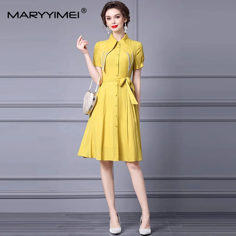 MARYYIMEI Fashion Design Women's Dress Turn-Down Collar Beading Short sleeve Single-Breasted Lace-Up Bow Elegant Summer Dresses
MARYYIMEI Fashion Design Women's Dress Turn-Down Collar Beading Short sleeve Single-Breasted Lace-Up Bow Elegant Summer Dresses