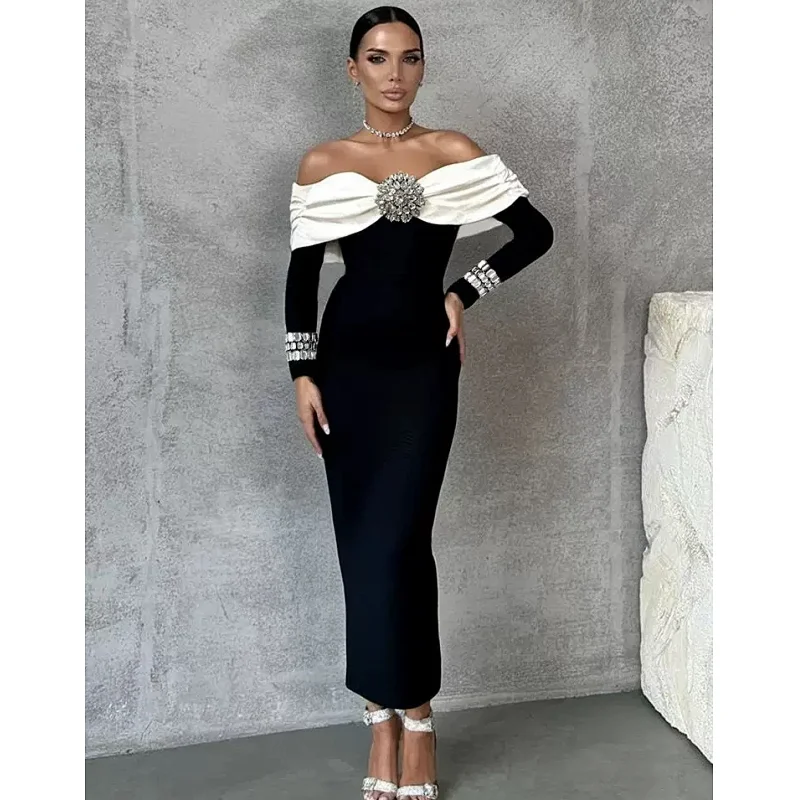 Sexy Off The Shoulder Luxury Diamonds White Patchwork Black Long Bandage Dress Elegant Woman Party Dress Wedding Party Vestido
Sexy Off The Shoulder Luxury Diamonds White Patchwork Black Long Bandage Dress Elegant Woman Party Dress Wedding Party Vestido