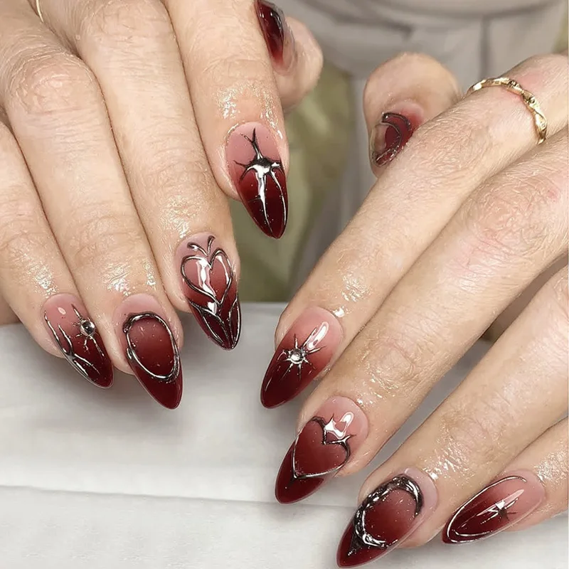 24PCS Gothic Dark Red Blush French Fake Nails Metallic Silver Heart Star Sweet Cool Almond Press on Nails Wearable Ins Nail Tips
24PCS Gothic Dark Red Blush French Fake Nails Metallic Silver Heart Star Sweet Cool Almond Press on Nails Wearable Ins Nail Tips