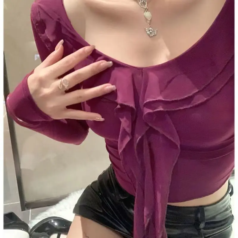 Long-sleeved T-shirt Women's Summe Thin Purple Fitted Mesh Blouse Ruffled Edges Short Sun-protective Top Fashionable Individual
Long-sleeved T-shirt Women's Summe Thin Purple Fitted Mesh Blouse Ruffled Edges Short Sun-protective Top Fashionable Individual