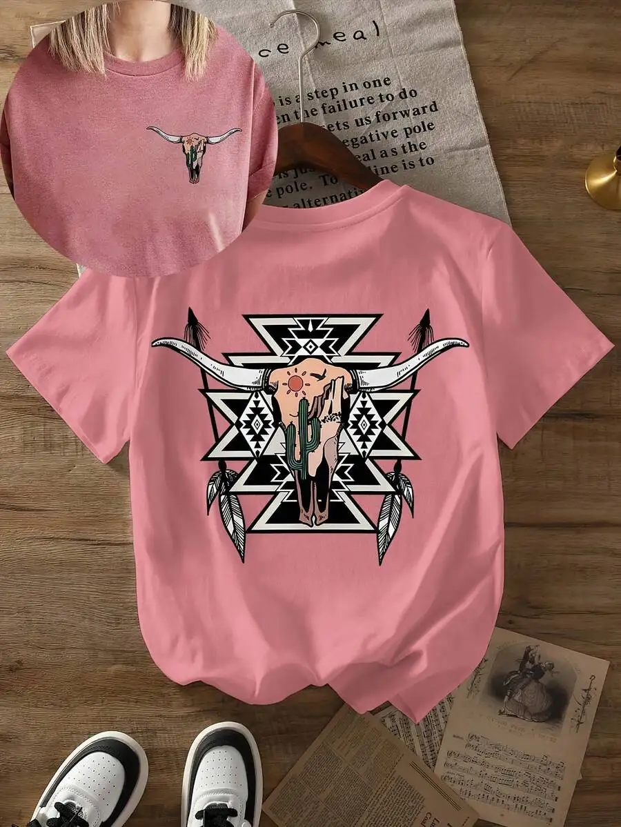 Western Bull Skull Graphic Tee Short Sleeve Round Neck Casual Shirt For Women
Western Bull Skull Graphic Tee Short Sleeve Round Neck Casual Shirt For Women