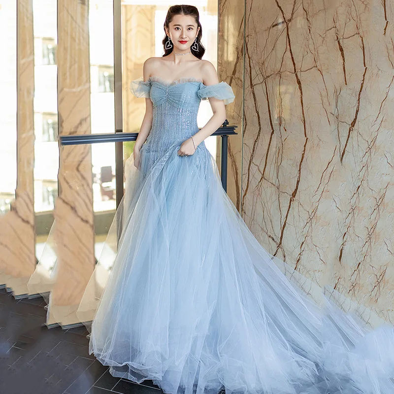 Blue A Line Celebrity Dresses Off Shoulder Strapless Train Sequined Tulle Pleat Sleeveless Woman Wedding Party Prom Evening Gown
Blue A Line Celebrity Dresses Off Shoulder Strapless Train Sequined Tulle Pleat Sleeveless Woman Wedding Party Prom Evening Gown
