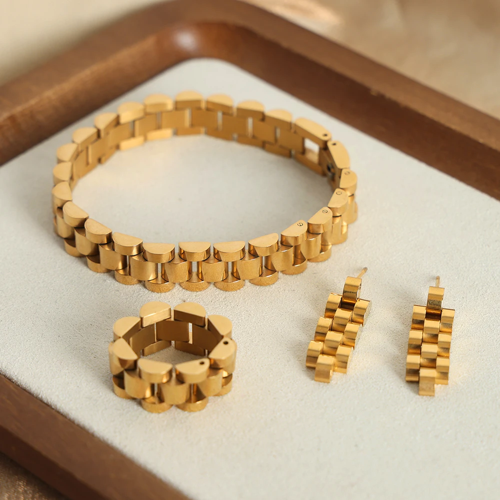 Stainless Steel Bracelet Ring Earrings Luxury Women Set Chain Shape Gold Plated Jewelry Hip Hop Trend Accessories Wholesale
Stainless Steel Bracelet Ring Earrings Luxury Women Set Chain Shape Gold Plated Jewelry Hip Hop Trend Accessories Wholesale