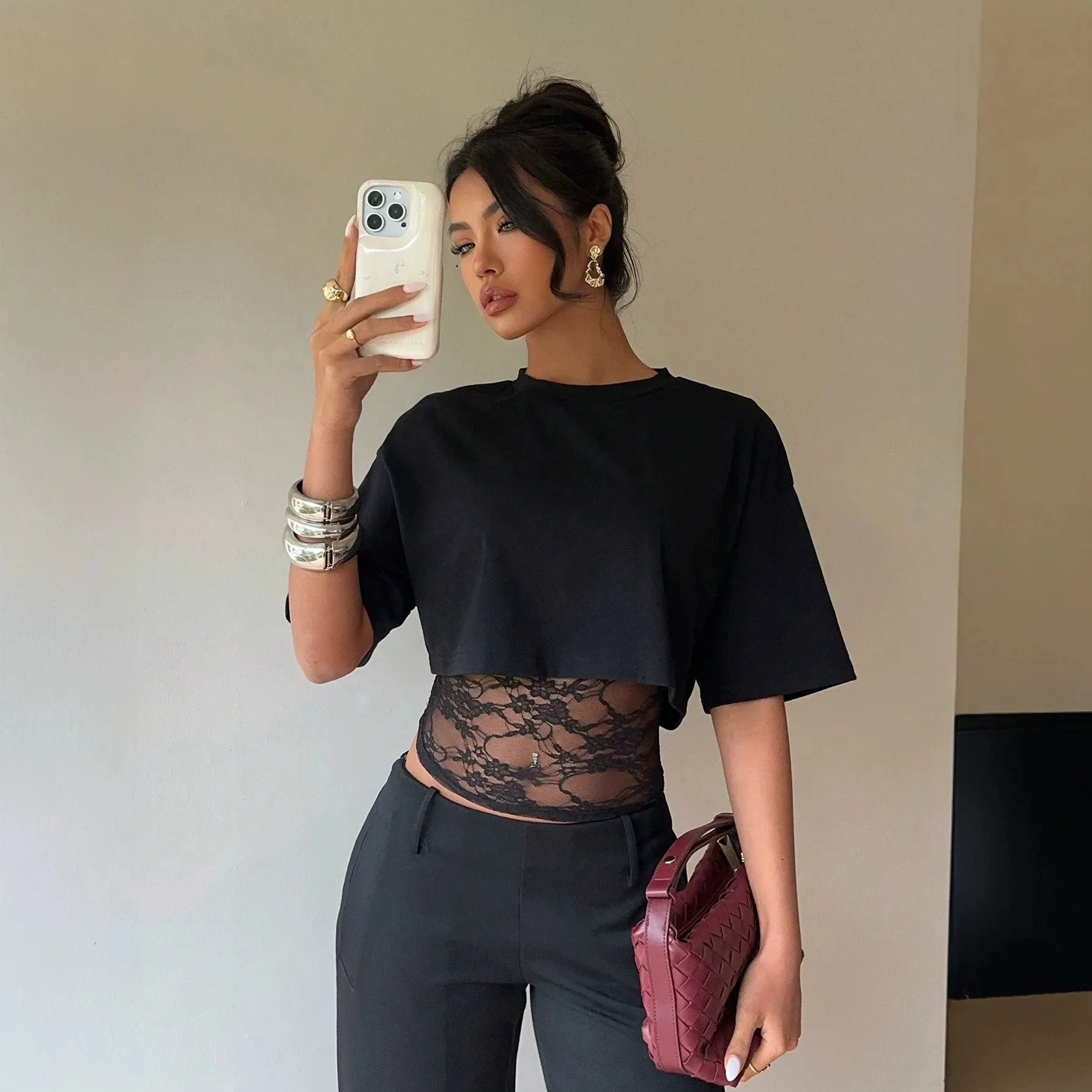 Y2k Clothes T Shirt Women Short Sleeve Lace Insert Fitted T Shirts Summer Solid Color High Neck Top Black Sheer Lace Crop Top
Y2k Clothes T Shirt Women Short Sleeve Lace Insert Fitted T Shirts Summer Solid Color High Neck Top Black Sheer Lace Crop Top