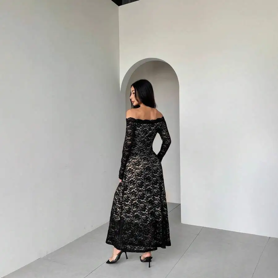 Off Shoulder Long Sleeve Lace Slim Fit Floor Length Dress For Women
Off Shoulder Long Sleeve Lace Slim Fit Floor Length Dress For Women