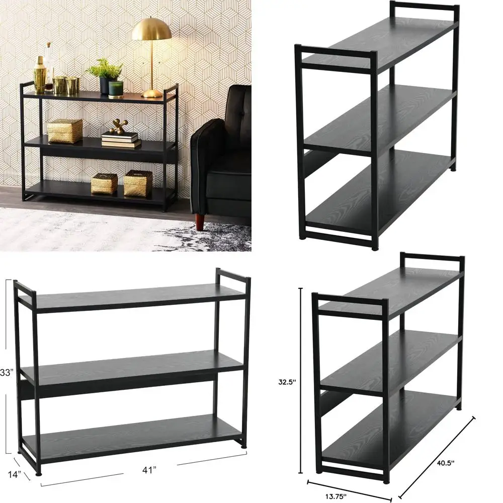 Wide 3-Shelf Open Storage Bookshelf with Black Oak Wood Grain and Black Metal Frame
Wide 3-Shelf Open Storage Bookshelf with Black Oak Wood Grain and Black Metal Frame