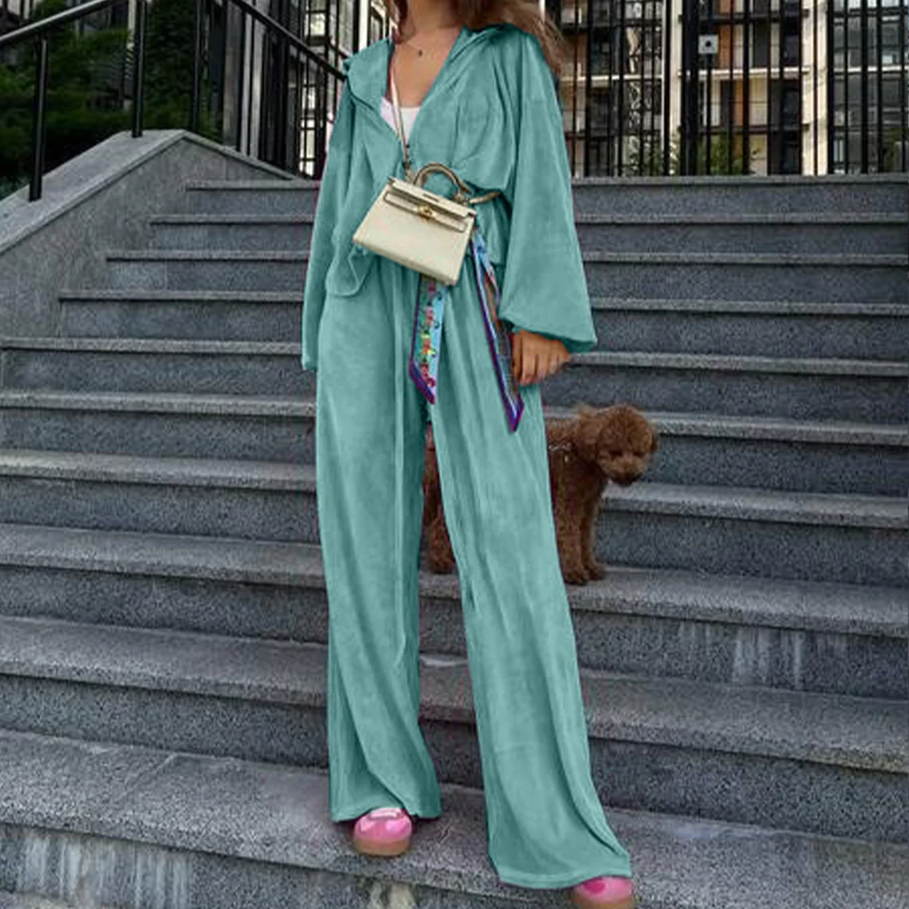 Women Autumn Hooded Coat Two Pieces Sets, Solid Patchwork Wide Leg Pants Chic Outfit, New Long Sleeve Casual Simple Ladies Suits
Women Autumn Hooded Coat Two Pieces Sets, Solid Patchwork Wide Leg Pants Chic Outfit, New Long Sleeve Casual Simple Ladies Suits