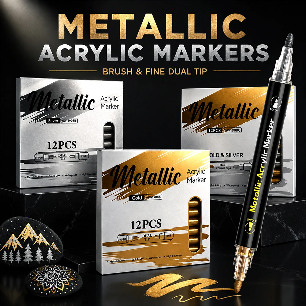 12 Pcs Metallic Acrylic Marker Set Dual Tip Waterproof Illustration Design Rock Painting Journal Card Making DIY Craft Art Tools
12 Pcs Metallic Acrylic Marker Set Dual Tip Waterproof Illustration Design Rock Painting Journal Card Making DIY Craft Art Tools