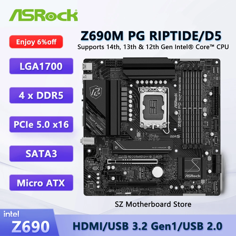 Материнская плата ASROCK Z690M PG RIPTIDE/D5 для процессора Core i9-12900K i5-12600K i9-13900K SATA3 M.2 Z690 DDR5, материнская плата Micro ATX
Материнская плата ASROCK Z690M PG RIPTIDE/D5 для процессора Core i9-12900K i5-12600K i9-13900K SATA3 M.2 Z690 DDR5, материнская плата Micro ATX