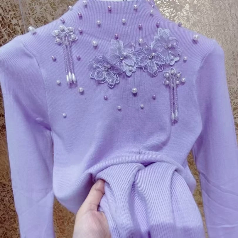 Luxury Pearls Beads Flower Stitch Slim Sweater Women Autumn Winter Stand Collar Knitwear Top Knitted Bottoming Pullovers Jumpers
Luxury Pearls Beads Flower Stitch Slim Sweater Women Autumn Winter Stand Collar Knitwear Top Knitted Bottoming Pullovers Jumpers