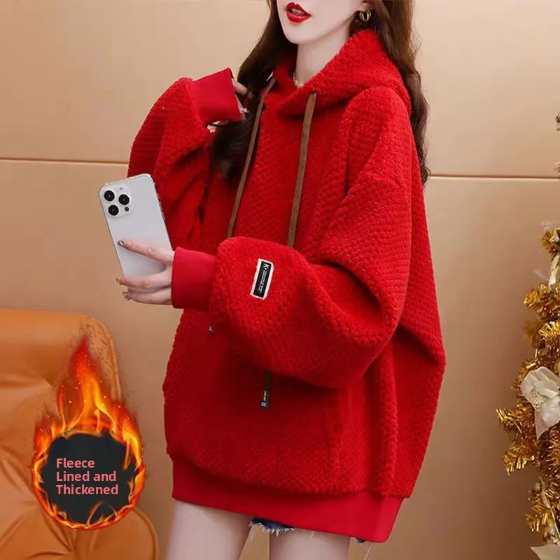 Lamb Fur Lined Thickened Hooded Sweatshirt Women's Autumn Winter New Large Size Women's Small Figure Top Coat Korean Style
Lamb Fur Lined Thickened Hooded Sweatshirt Women's Autumn Winter New Large Size Women's Small Figure Top Coat Korean Style