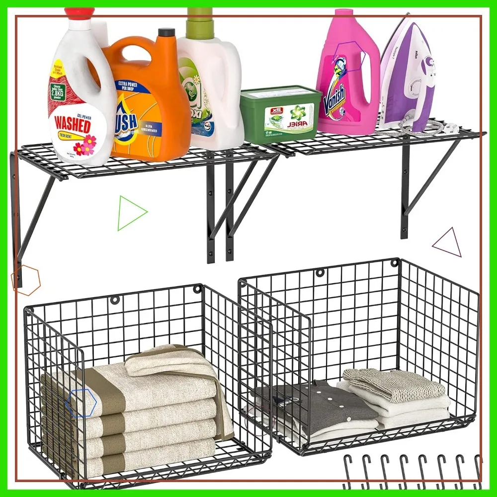 Полки для белья из 2 предметов с проволочными корзинами, 8 крючков, настенная полка для хранения и сушилки черного цвета
Полки для белья из 2 предметов с проволочными корзинами, 8 крючков, настенная полка для хранения и сушилки черного цвета