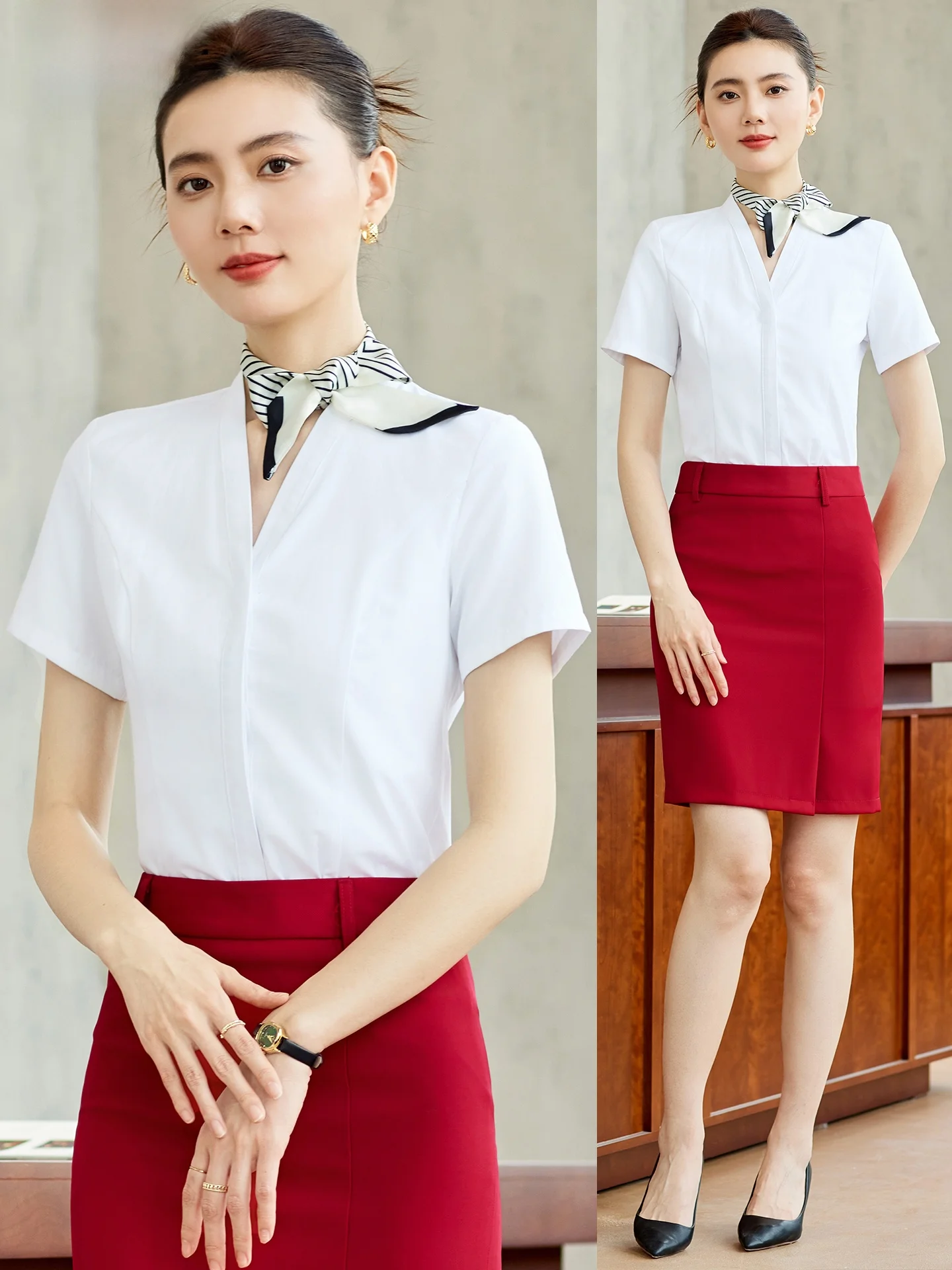 White V-Neck Shirt Women's Summer Short Sleeve 2026 New Air Stewardess Uniform Professional Set High-End Hotel Work Uniform
White V-Neck Shirt Women's Summer Short Sleeve 2026 New Air Stewardess Uniform Professional Set High-End Hotel Work Uniform