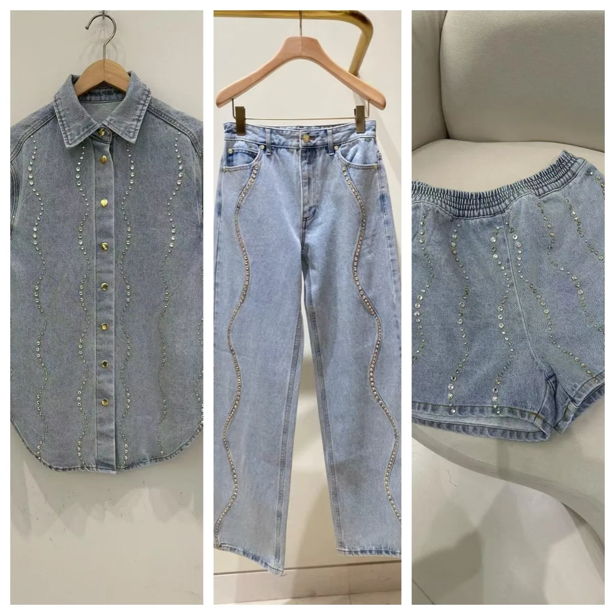 2025 Spring/Summer Women's Light Blue Diamond Water Ripple Set Denim Single breasted Shirt+Trendy Pants+Shorts
2025 Spring/Summer Women's Light Blue Diamond Water Ripple Set Denim Single breasted Shirt+Trendy Pants+Shorts