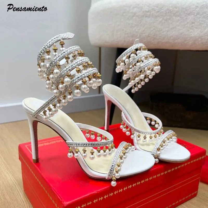 Luxury Rhinestones Pearls Tassels Women Gladiator Sandals Sexy Snake Ankle Strap Satin High heels Summer Banquet Wedding Shoes
Luxury Rhinestones Pearls Tassels Women Gladiator Sandals Sexy Snake Ankle Strap Satin High heels Summer Banquet Wedding Shoes