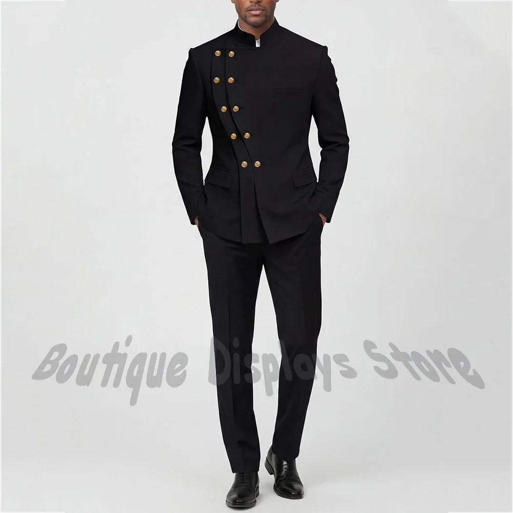 Solid Black Classic Men Suit Jacket Pants Stand Collar Double Breasted Slim Fit Formal Business Party Wedding Set Costume Homme
Solid Black Classic Men Suit Jacket Pants Stand Collar Double Breasted Slim Fit Formal Business Party Wedding Set Costume Homme