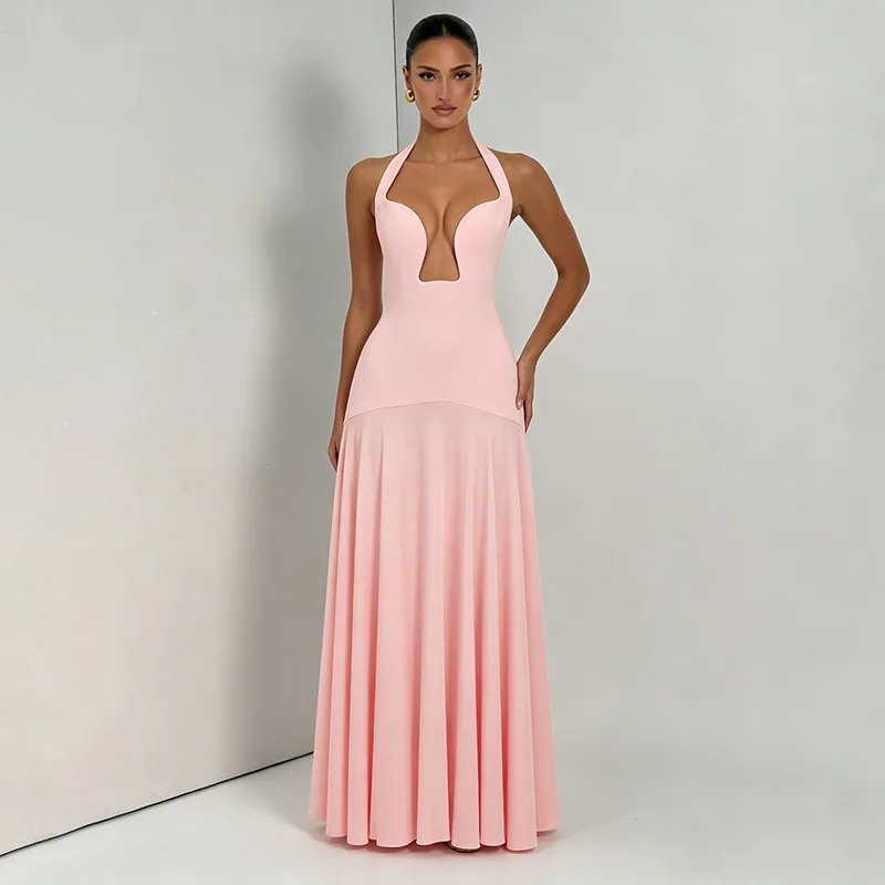 Summer 2026 New Women's Elegant Solid Color Halter Neck Low-neck Sexy Patchwork Backless Dress Evening Dresses Party Luxury Robe
Summer 2026 New Women's Elegant Solid Color Halter Neck Low-neck Sexy Patchwork Backless Dress Evening Dresses Party Luxury Robe