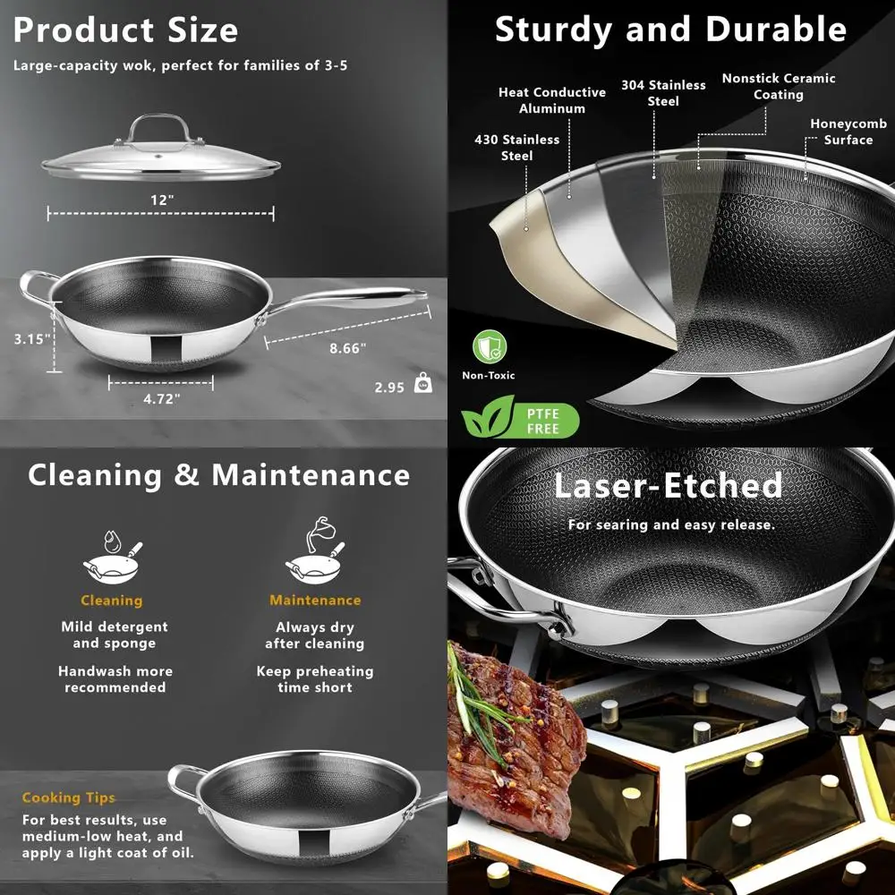 Гибридная сковорода-вок 12 дюймов с крышкой, 5 кварт, из нержавеющей стали, глубокая, с неровным дном, с охлаждающей ручкой, для индукции и посудомоечных машин
Гибридная сковорода-вок 12 дюймов с крышкой, 5 кварт, из нержавеющей стали, глубокая, с неровным дном, с охлаждающей ручкой, для индукции и посудомоечных машин