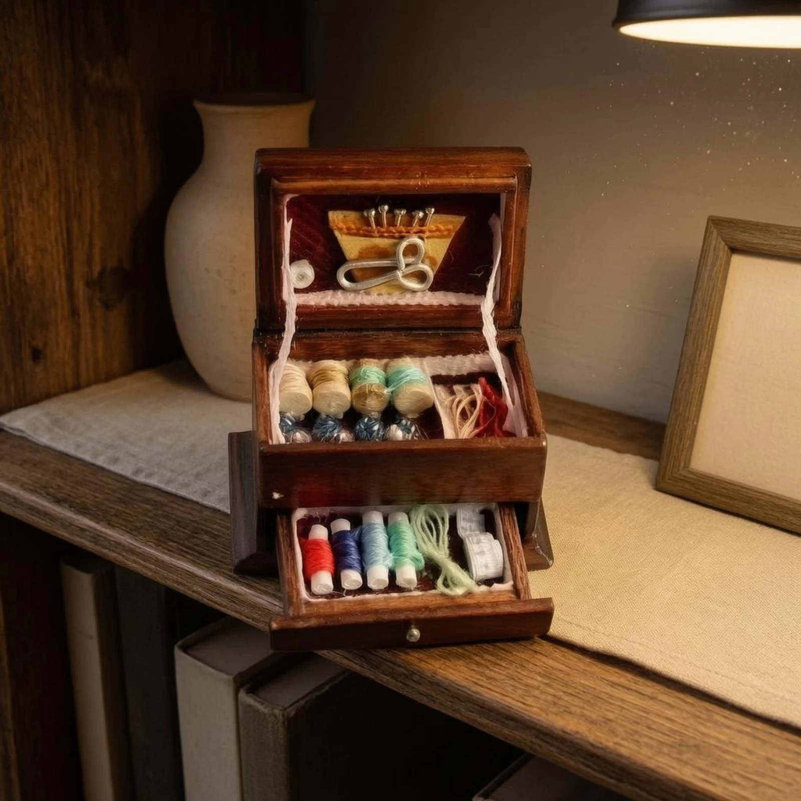 1/12 Dollhouse Sewing Box Opening Lid Dollhouse Sewing Box Miniature Ornament Dark Wood Tone Finish Home Decor Small Drawer
1/12 Dollhouse Sewing Box Opening Lid Dollhouse Sewing Box Miniature Ornament Dark Wood Tone Finish Home Decor Small Drawer