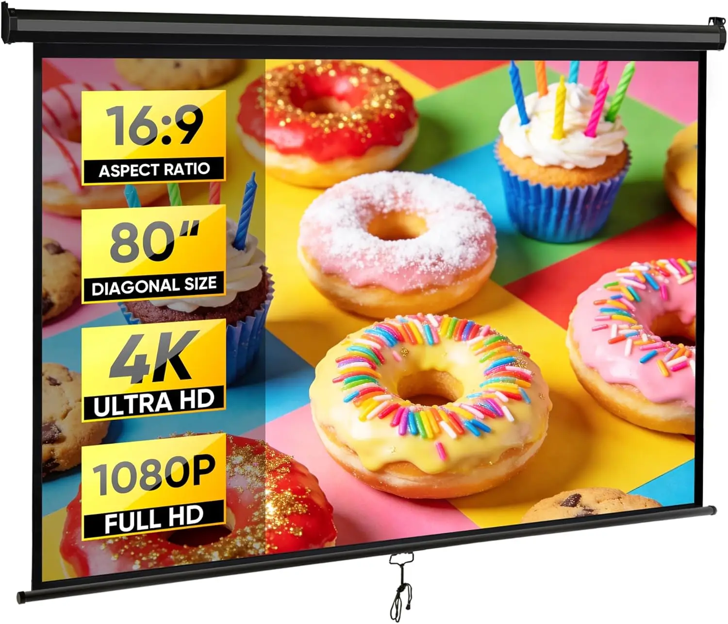 80 Inch Pull Down Projector Screen with 16:9 HD Viewing, Portable for Indoor Outdoor Movies
80 Inch Pull Down Projector Screen with 16:9 HD Viewing, Portable for Indoor Outdoor Movies