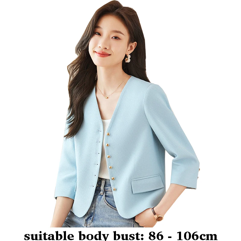 High quality blazer for women single breasted button 3/4 sleeve V neck spring autumn elegant fashion office clothes pink blue
High quality blazer for women single breasted button 3/4 sleeve V neck spring autumn elegant fashion office clothes pink blue