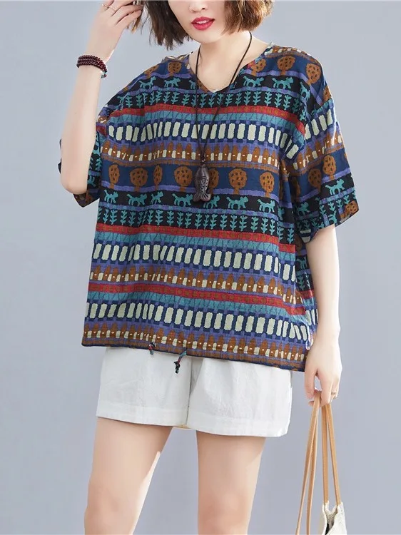 Summer Artistic Vintage Cotton Linen Printed T-Shirt Loose Casual Short Sleeve V-Neck Top for plus Size Women Versatile Wear
Summer Artistic Vintage Cotton Linen Printed T-Shirt Loose Casual Short Sleeve V-Neck Top for plus Size Women Versatile Wear