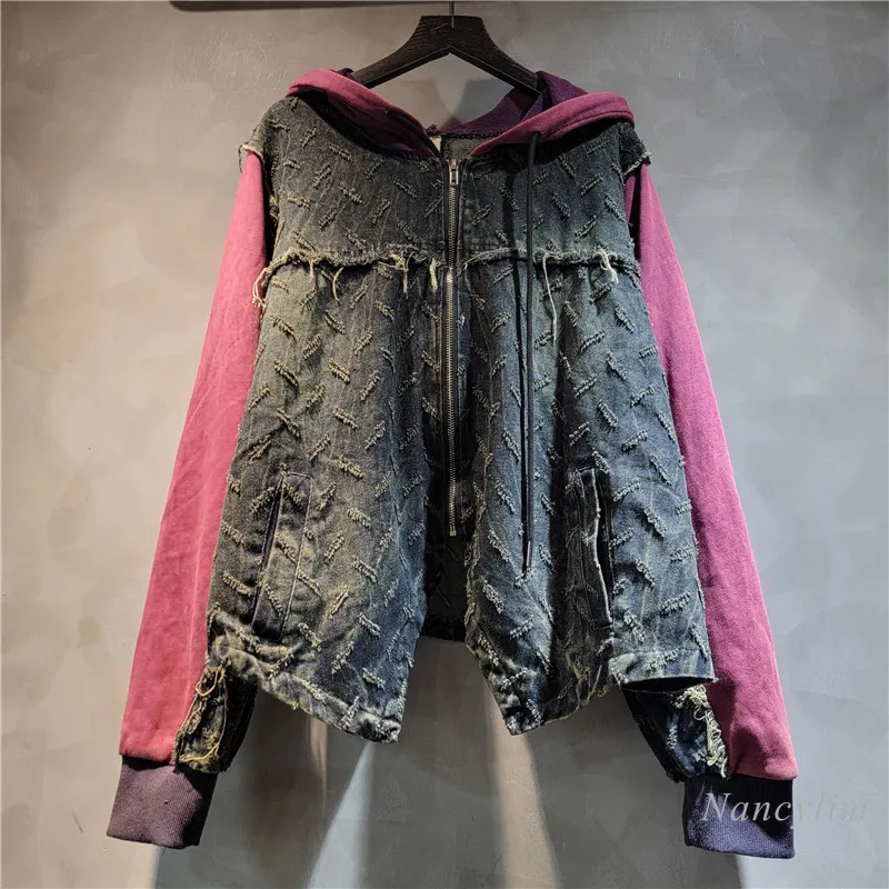 Cool Personality Street Style Do The Old Cowboy Coat for Women Hooded Color Contrast Long Sleeve Loose 2024 Autumn Zip Jacket
Cool Personality Street Style Do The Old Cowboy Coat for Women Hooded Color Contrast Long Sleeve Loose 2024 Autumn Zip Jacket