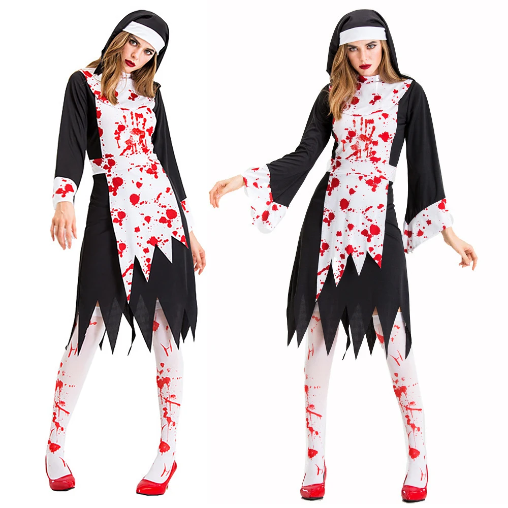Cosplay Nun Dress Halloween Costumes for Women Scary Bloodstain Skirt with Headwear Blood Knee Socks Suit Lady Christmas Party
Cosplay Nun Dress Halloween Costumes for Women Scary Bloodstain Skirt with Headwear Blood Knee Socks Suit Lady Christmas Party